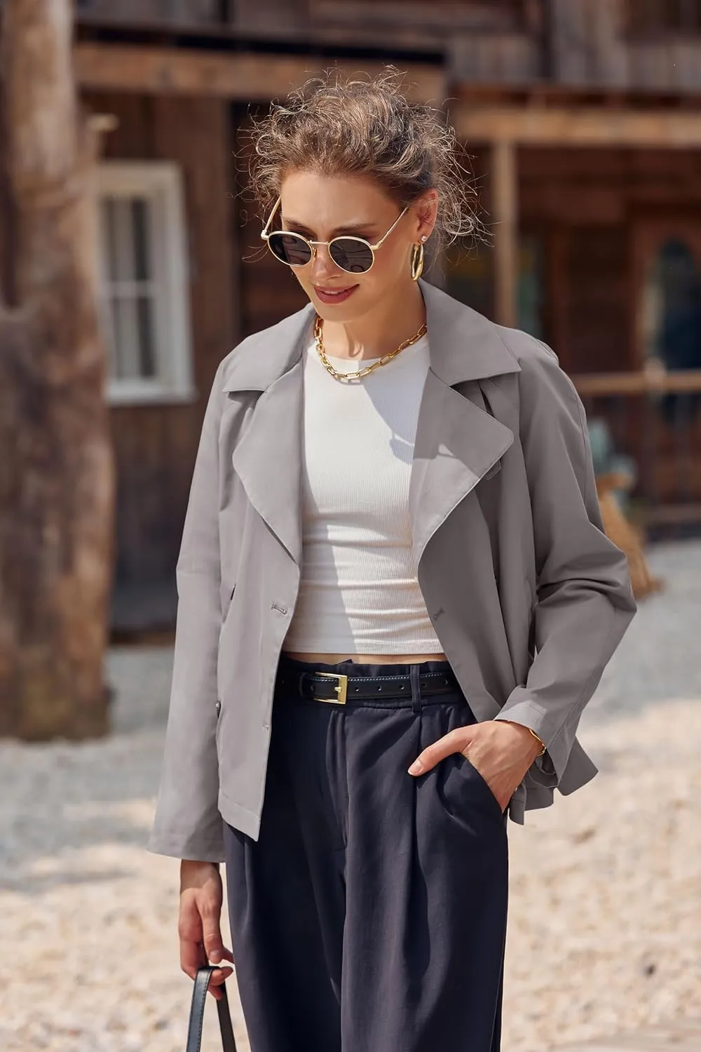 Onedreamer Women's Double Breasted Trench Coat Classic Lapel Long Sleeve Blazer Jackets Casual Outerwear With Belt
