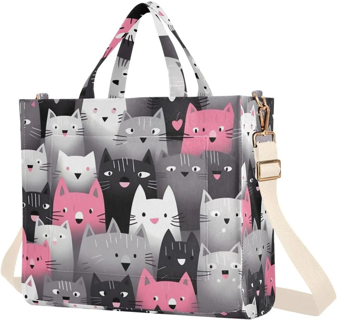 Pink and Gray Cats Corduroy Tote Bag for Women Hobo Crossbody Bag Purse Stylish Shoulder Handbag Messenger Bags, S
