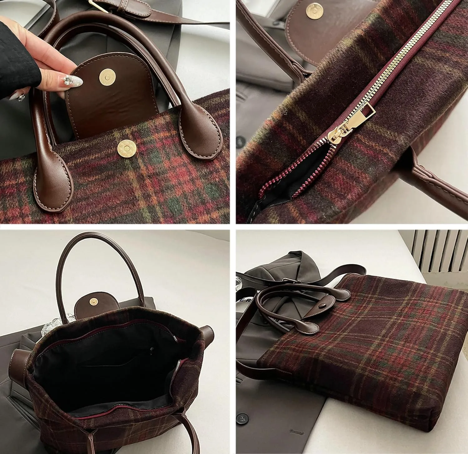 Plaid Tote Bags for Women Vintage Crossbody Bags for Women Slouchy Satchel Handbag Shoulder Bag Travel Tote Office Tote