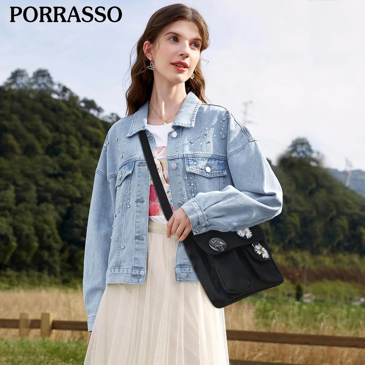 PORRASSO Casual Crossbody Bag Women Canvas Shoulder Bag Satchel Ladies Messenger Bag for Work Travel Daily Use Black A