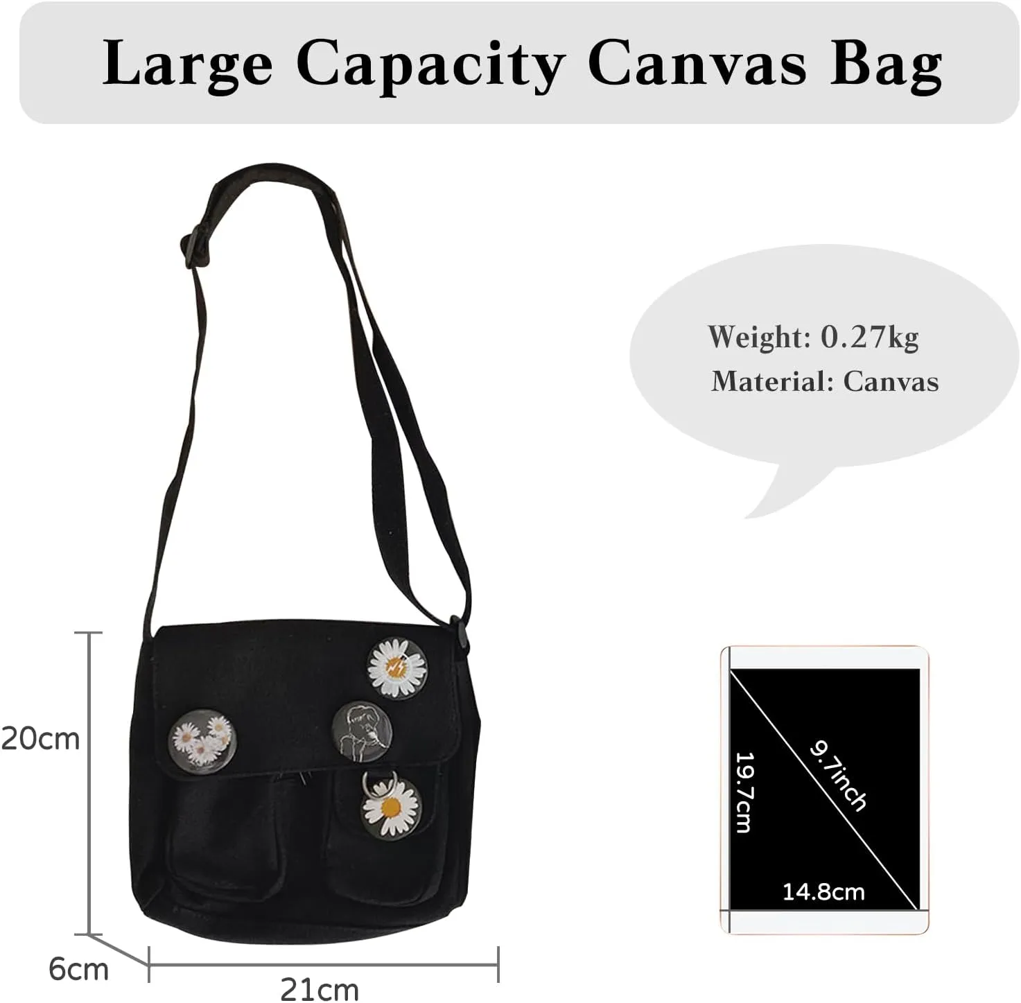 PORRASSO Casual Crossbody Bag Women Canvas Shoulder Bag Satchel Ladies Messenger Bag for Work Travel Daily Use Black A