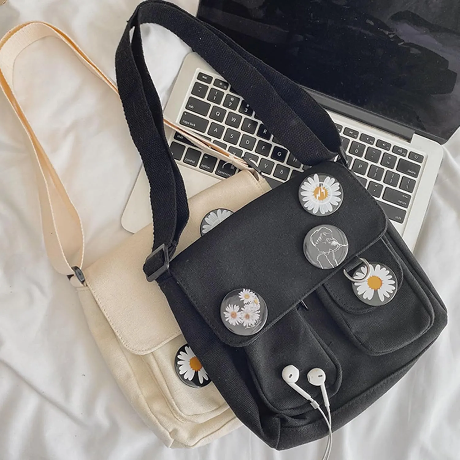 PORRASSO Casual Crossbody Bag Women Canvas Shoulder Bag Satchel Ladies Messenger Bag for Work Travel Daily Use Black A