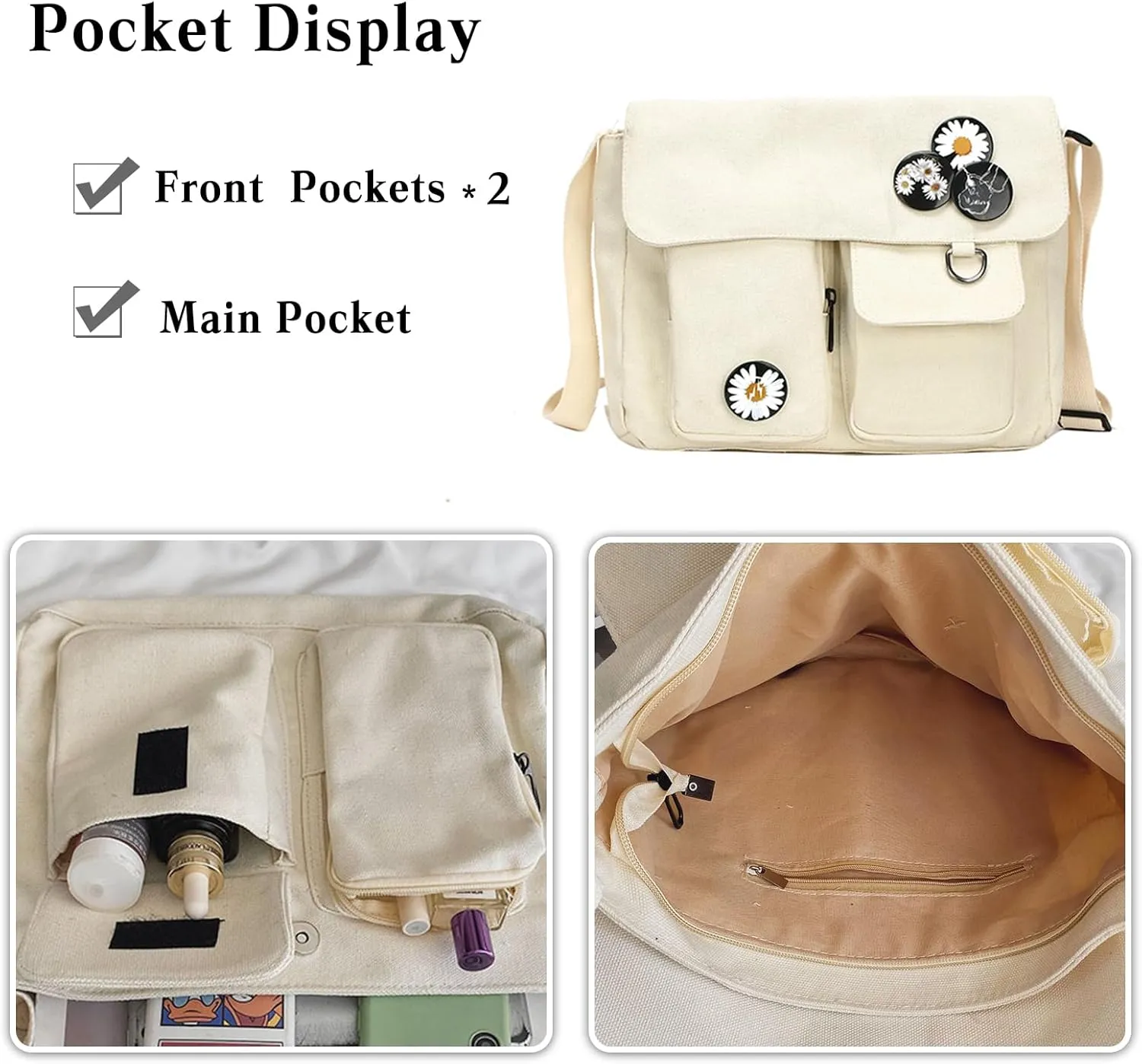 PORRASSO Casual Crossbody Bag Women Canvas Shoulder Bag Satchel Ladies Messenger Bag for Work Travel Daily Use Black A
