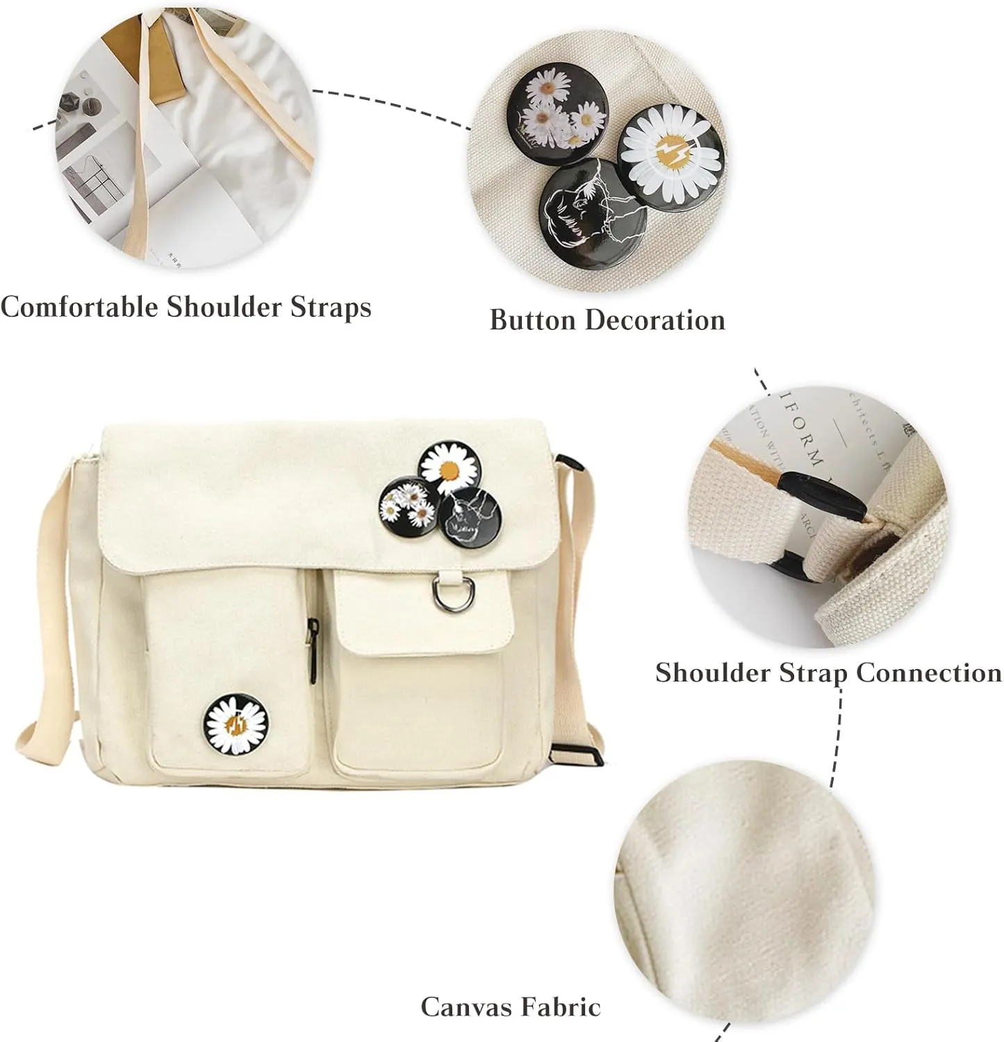 PORRASSO Casual Crossbody Bag Women Canvas Shoulder Bag Satchel Ladies Messenger Bag for Work Travel Daily Use Black