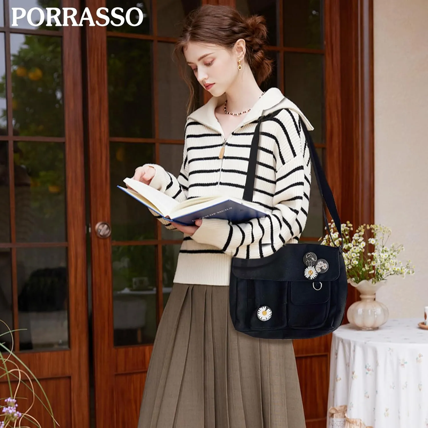 PORRASSO Casual Crossbody Bag Women Canvas Shoulder Bag Satchel Ladies Messenger Bag for Work Travel Daily Use Black