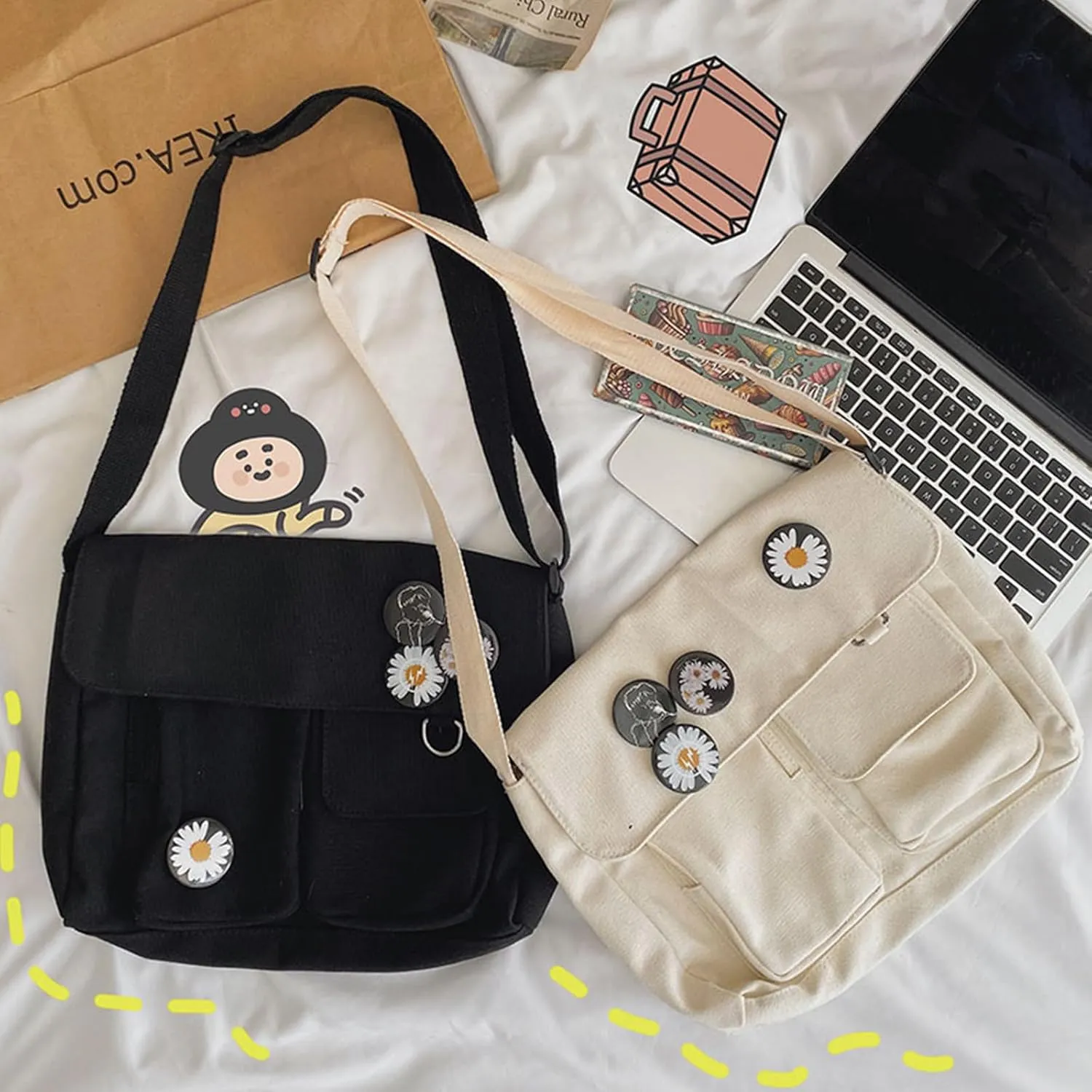 PORRASSO Casual Crossbody Bag Women Canvas Shoulder Bag Satchel Ladies Messenger Bag for Work Travel Daily Use Black