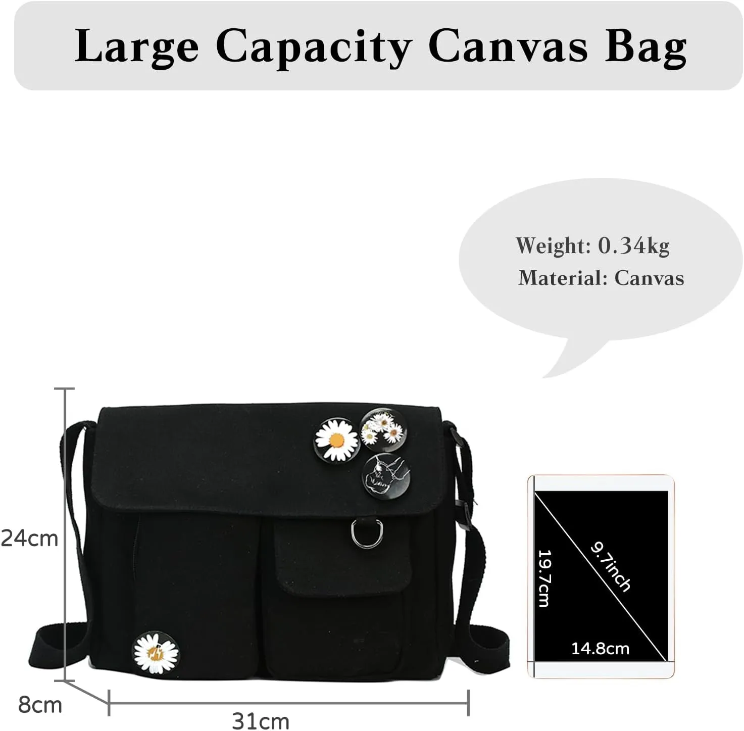 PORRASSO Casual Crossbody Bag Women Canvas Shoulder Bag Satchel Ladies Messenger Bag for Work Travel Daily Use Black