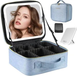 Portable Travel Makeup Bag with Mirror and Light - 3 Colors,Adjustable Brightness Spacious Cosmetic Organizer,Mermaid Shine Blue