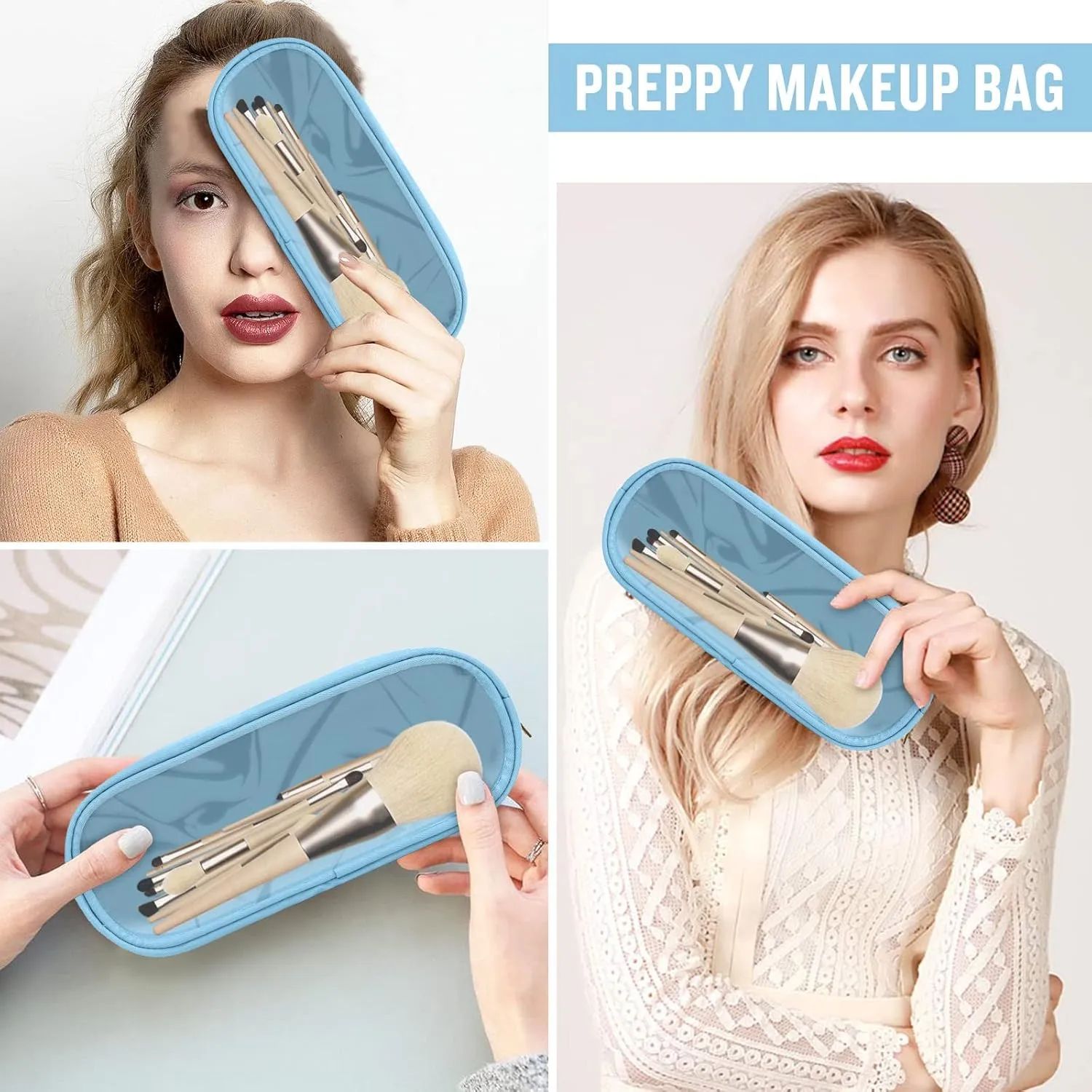 Preppy Cosmetic Clutch - Transparent PVC & Nylon Travel Toiletry Case, Slim Zipper Pouch for Purse, Cute Makeup Brush Case for Women(Blue)