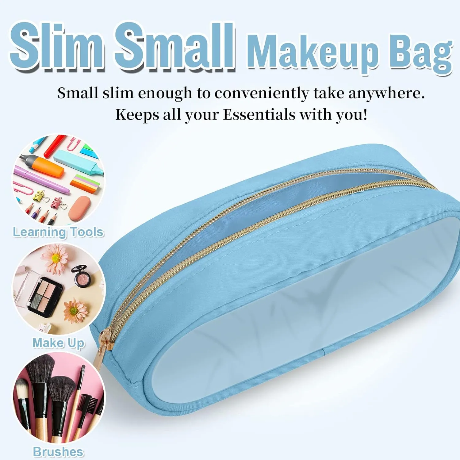 Preppy Cosmetic Clutch - Transparent PVC & Nylon Travel Toiletry Case, Slim Zipper Pouch for Purse, Cute Makeup Brush Case for Women(Blue)