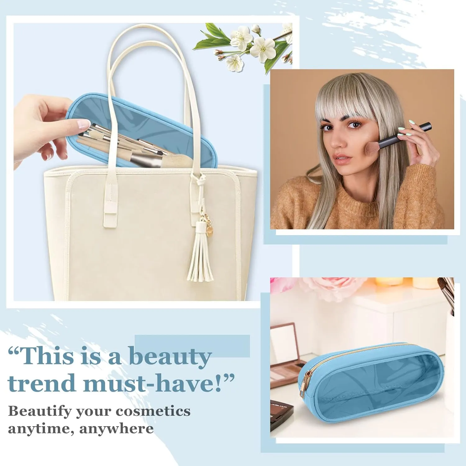 Preppy Cosmetic Clutch - Transparent PVC & Nylon Travel Toiletry Case, Slim Zipper Pouch for Purse, Cute Makeup Brush Case for Women(Blue)