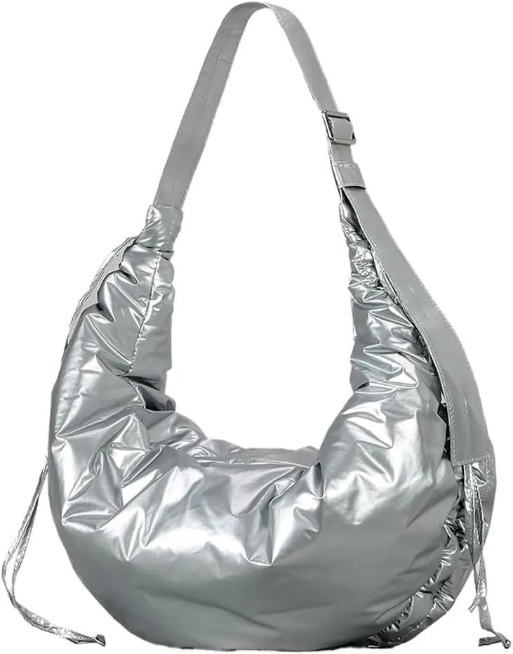Puffer Crescent Bag for Women Nylon Padded Luna Shoulder Bag Hobo Purse Lightweight Shoulder Handbag