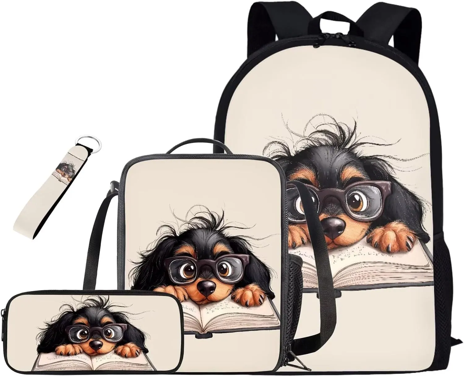 Puppy Kids Backpacks for Girls Boys Book Bags Large Lightweight 17 inch 4 Pcs Book Bag with Two Compartments Set Convenient Enhancing Learning Experience Suit Elementary Middle School