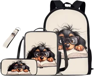 Puppy Kids Backpacks for Girls Boys Book Bags Large Lightweight 17 inch 4 Pcs Book Bag with Two Compartments Set Convenient Enhancing Learning Experience Suit Elementary Middle School