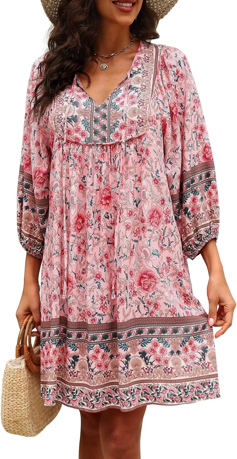 Qearal Womens Casual V Neck 3/4 Sleeve Boho Floral Printed Loose Short Mini Summer Beach Dress