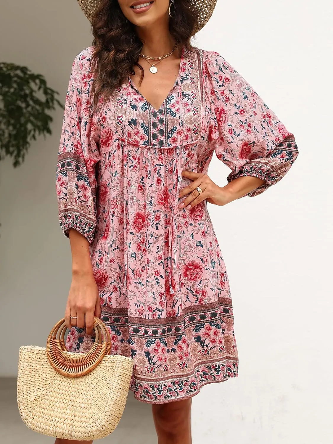 Qearal Womens Casual V Neck 3/4 Sleeve Boho Floral Printed Loose Short Mini Summer Beach Dress