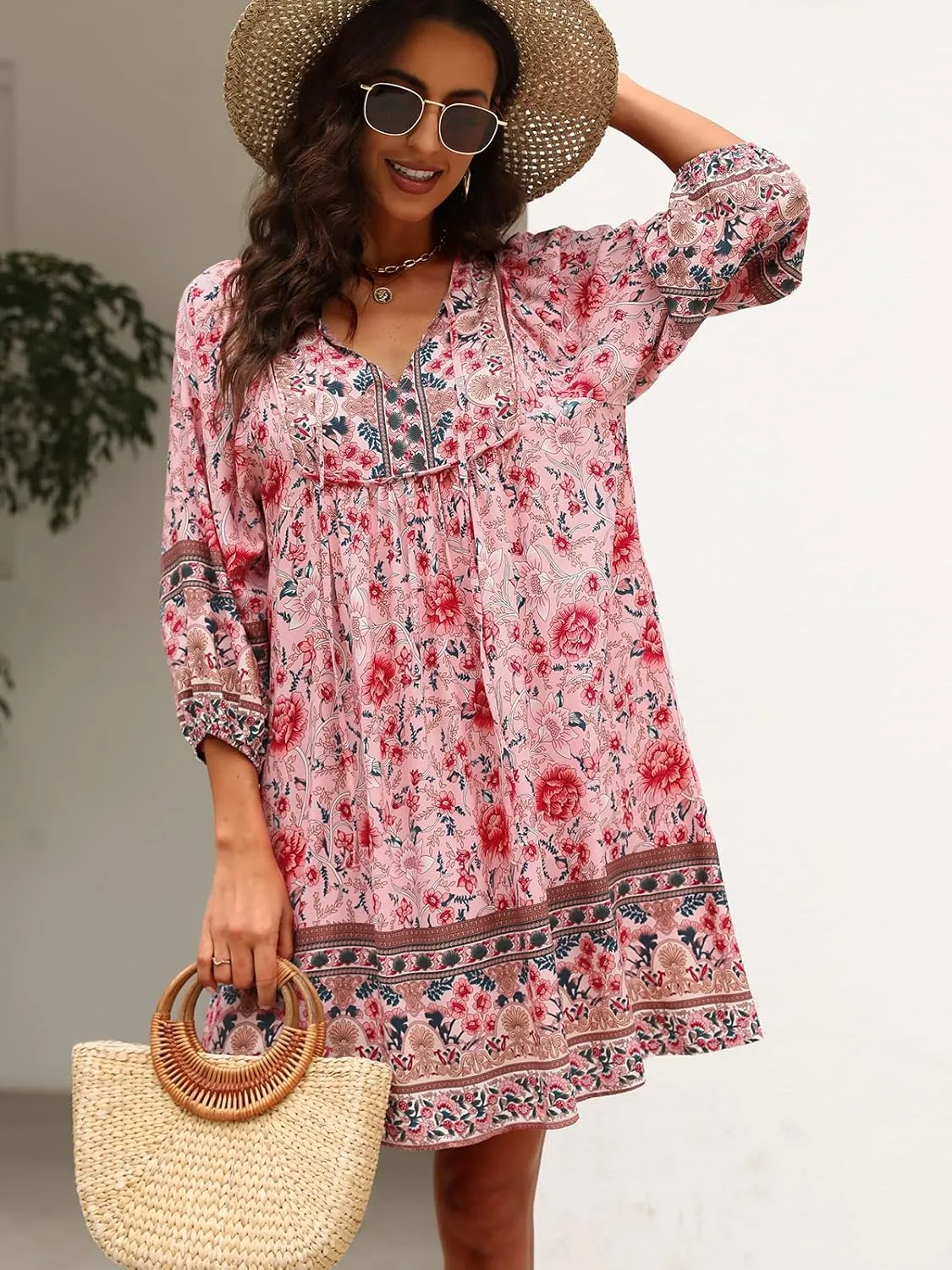 Qearal Womens Casual V Neck 3/4 Sleeve Boho Floral Printed Loose Short Mini Summer Beach Dress