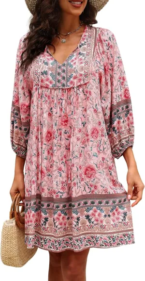 Qearal Womens Casual V Neck 3/4 Sleeve Boho Floral Printed Loose Short Mini Summer Beach Dress