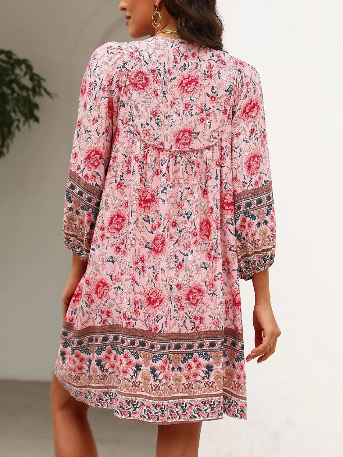 Qearal Womens Casual V Neck 3/4 Sleeve Boho Floral Printed Loose Short Mini Summer Beach Dress