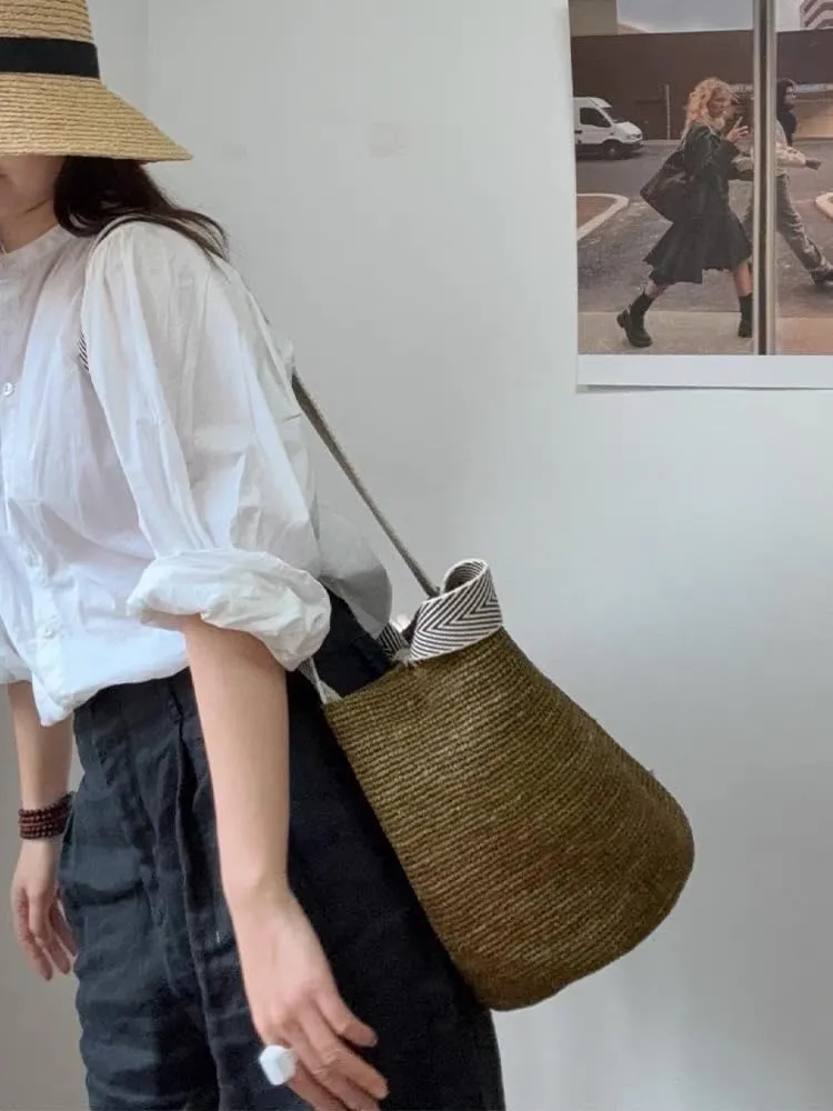 Raffia Straw Woven Handbag Shoulder Crossbody Bucket Bag Beach Vacation Hobo Versatile Crochet Large Capacity Chic Summer