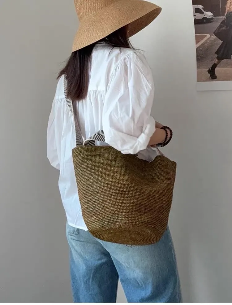 Raffia Straw Woven Handbag Shoulder Crossbody Bucket Bag Beach Vacation Hobo Versatile Crochet Large Capacity Chic Summer