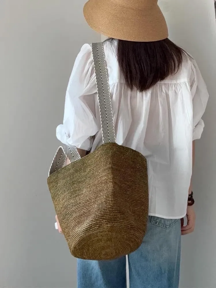 Raffia Straw Woven Handbag Shoulder Crossbody Bucket Bag Beach Vacation Hobo Versatile Crochet Large Capacity Chic Summer