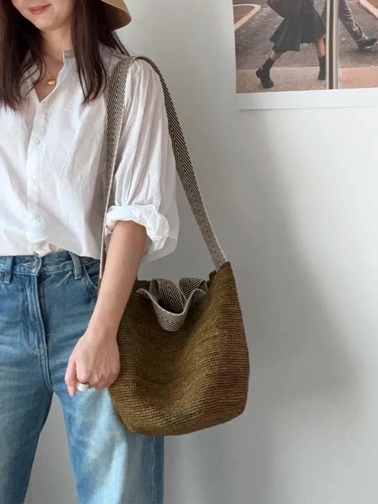 Raffia Straw Woven Handbag Shoulder Crossbody Bucket Bag Beach Vacation Hobo Versatile Crochet Large Capacity Chic Summer