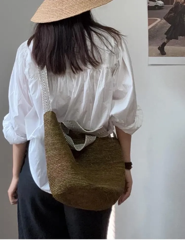 Raffia Straw Woven Handbag Shoulder Crossbody Bucket Bag Beach Vacation Hobo Versatile Crochet Large Capacity Chic Summer