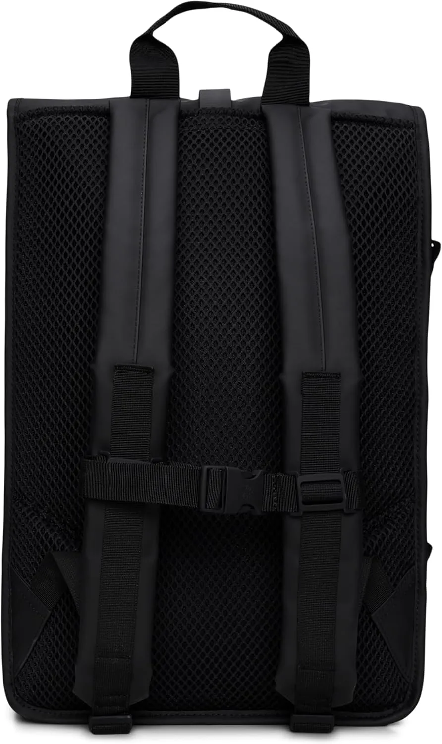 RAINS Rolltop Rucksack Large  Waterproof, Cycle-Ready, with Laptop Pocket and Chest Strap for Secure, Weatherproof Travel (Black)