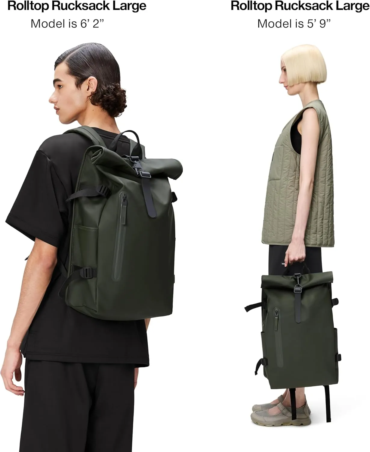 RAINS Rolltop Rucksack Large  Waterproof, Cycle-Ready, with Laptop Pocket and Chest Strap for Secure, Weatherproof Travel (Green)