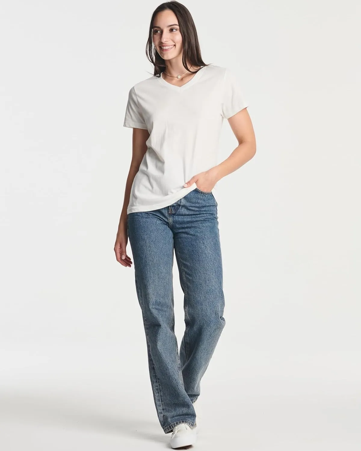 Real Essentials 4 Pack: Women's Classic-Fit Cotton Short-Sleeve V-Neck T-Shirt (Available in Plus Size)