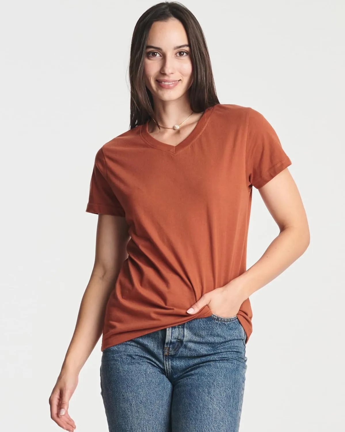 Real Essentials 4 Pack: Women's Classic-Fit Cotton Short-Sleeve V-Neck T-Shirt (Available in Plus Size)