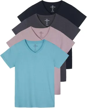 Real Essentials 4 Pack: Women's Classic-Fit Cotton Short-Sleeve V-Neck T-Shirt (Available in Plus Size)