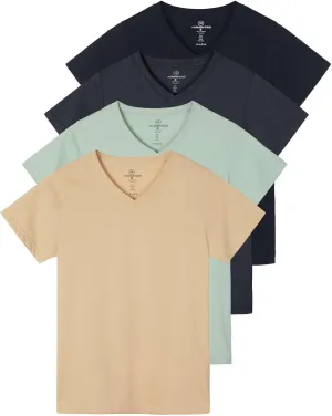 Real Essentials 4 Pack: Women's Classic-Fit Cotton Short-Sleeve V-Neck T-Shirt (Available in Plus Size)