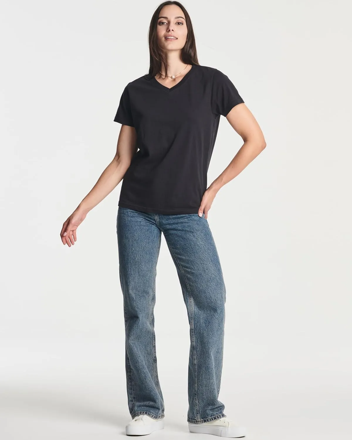 Real Essentials 4 Pack: Women's Classic-Fit Cotton Short-Sleeve V-Neck T-Shirt (Available in Plus Size)
