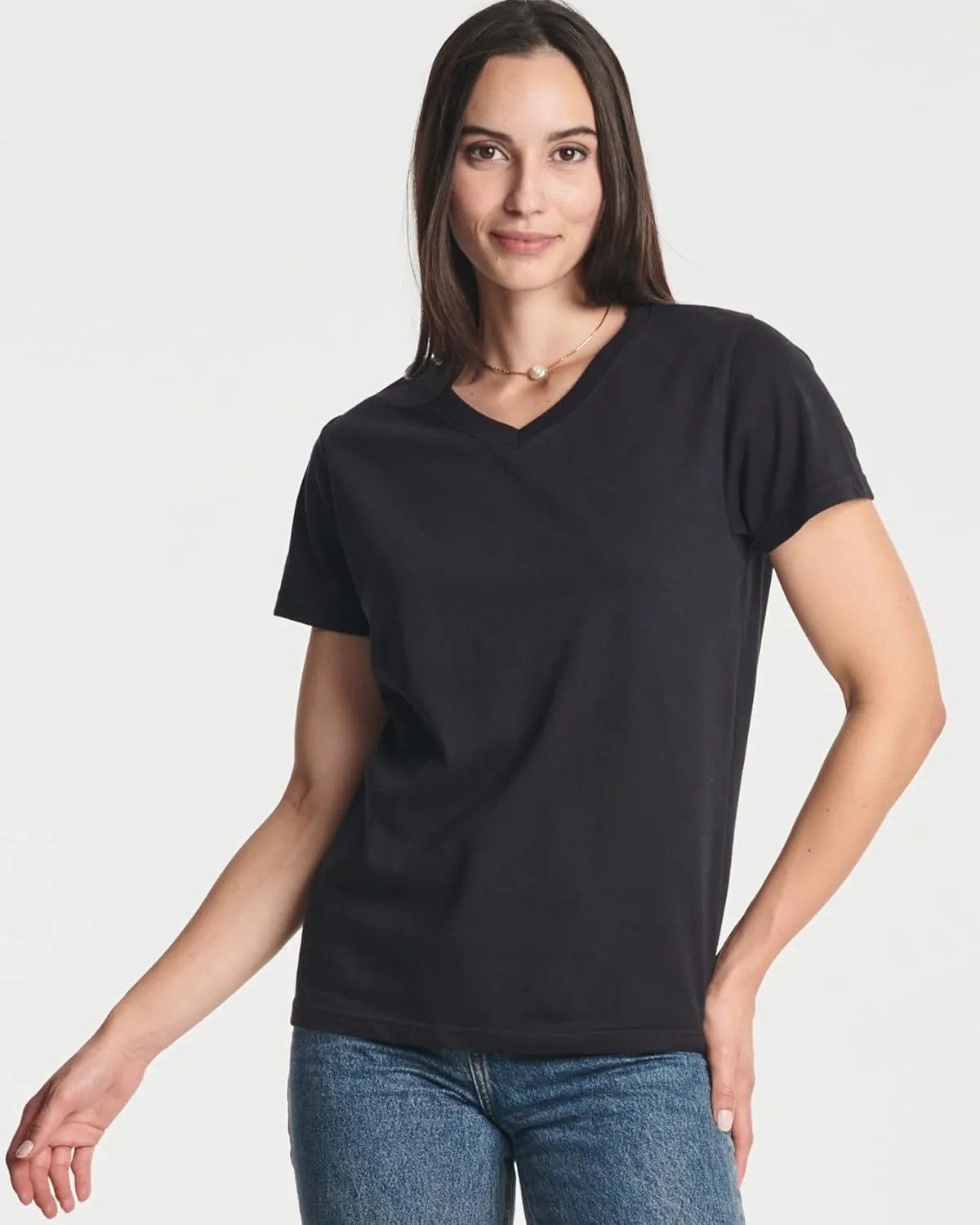 Real Essentials 4 Pack: Women's Classic-Fit Cotton Short-Sleeve V-Neck T-Shirt (Available in Plus Size)