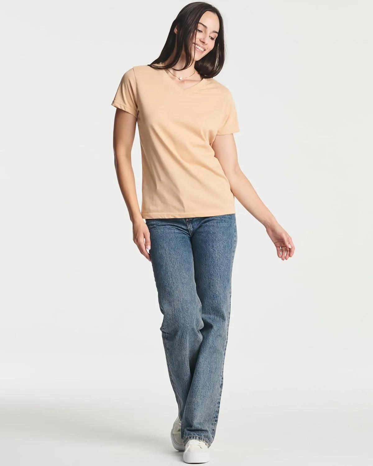 Real Essentials 4 Pack: Women's Classic-Fit Cotton Short-Sleeve V-Neck T-Shirt (Available in Plus Size)