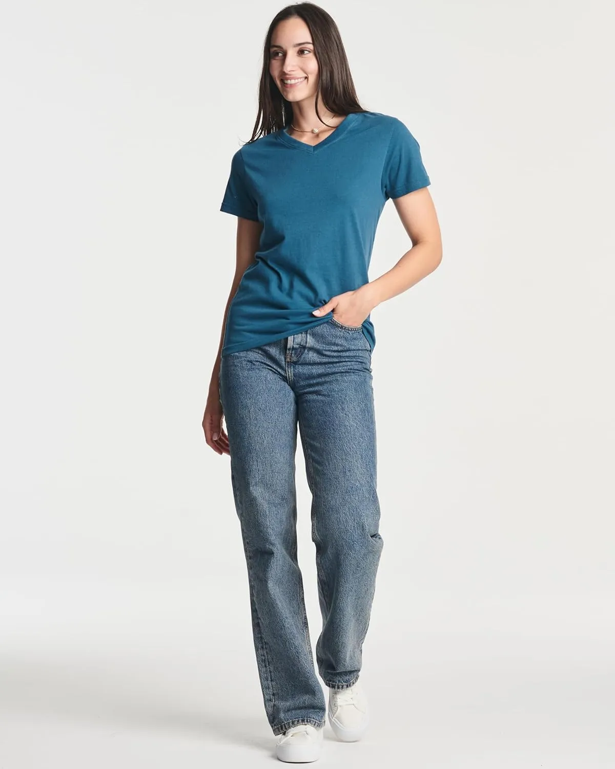 Real Essentials 4 Pack: Women's Classic-Fit Cotton Short-Sleeve V-Neck T-Shirt (Available in Plus Size)