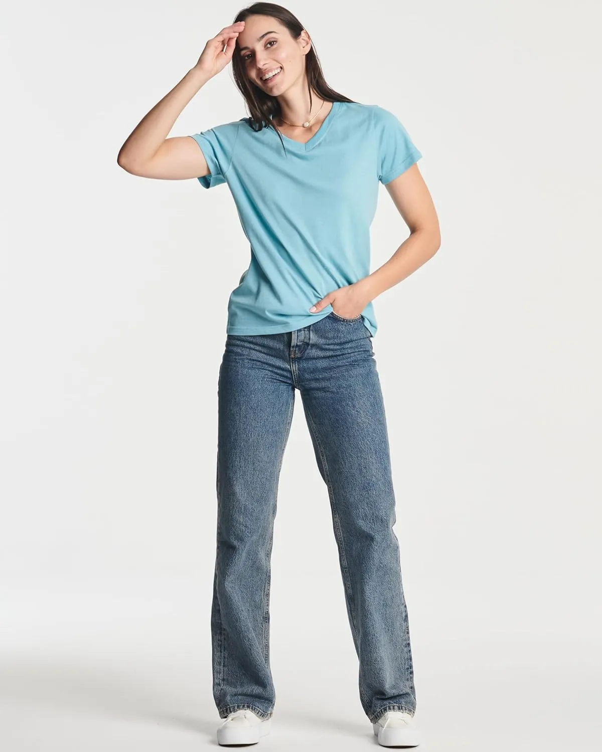Real Essentials 4 Pack: Women's Classic-Fit Cotton Short-Sleeve V-Neck T-Shirt (Available in Plus Size)