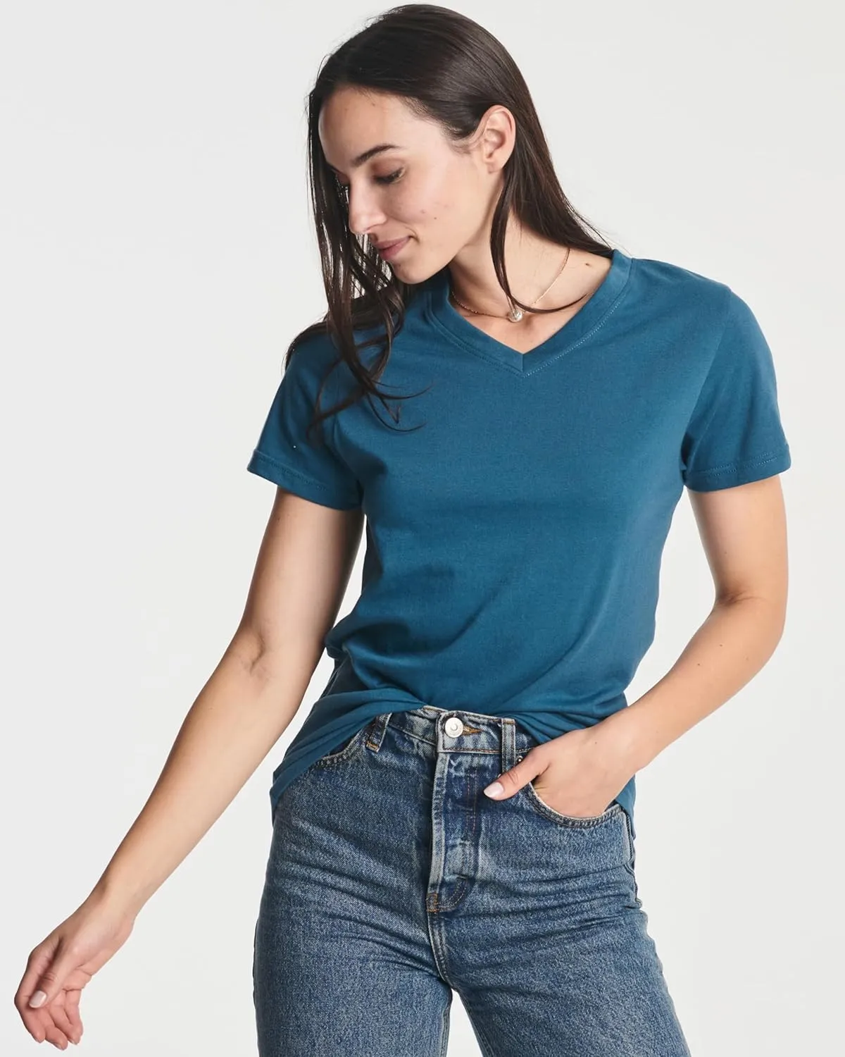 Real Essentials 4 Pack: Women's Classic-Fit Cotton Short-Sleeve V-Neck T-Shirt (Available in Plus Size)