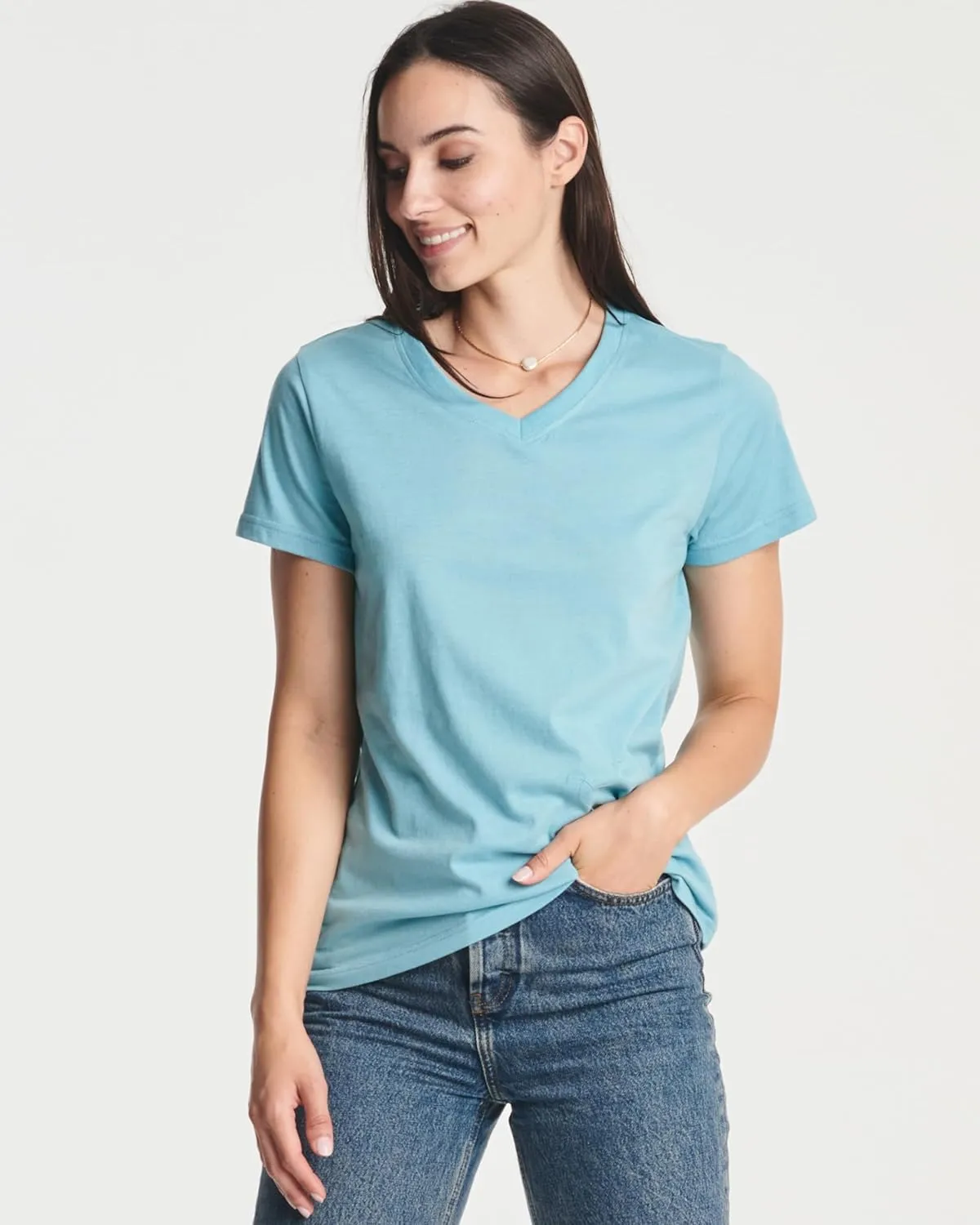 Real Essentials 4 Pack: Women's Classic-Fit Cotton Short-Sleeve V-Neck T-Shirt (Available in Plus Size)