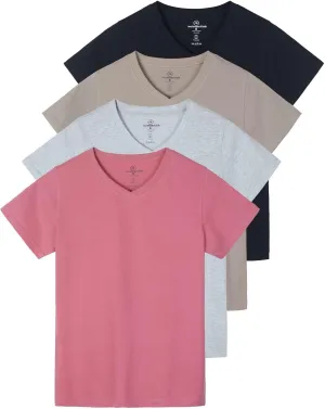 Real Essentials 4 Pack: Women's Classic-Fit Cotton Short-Sleeve V-Neck T-Shirt (Available in Plus Size)