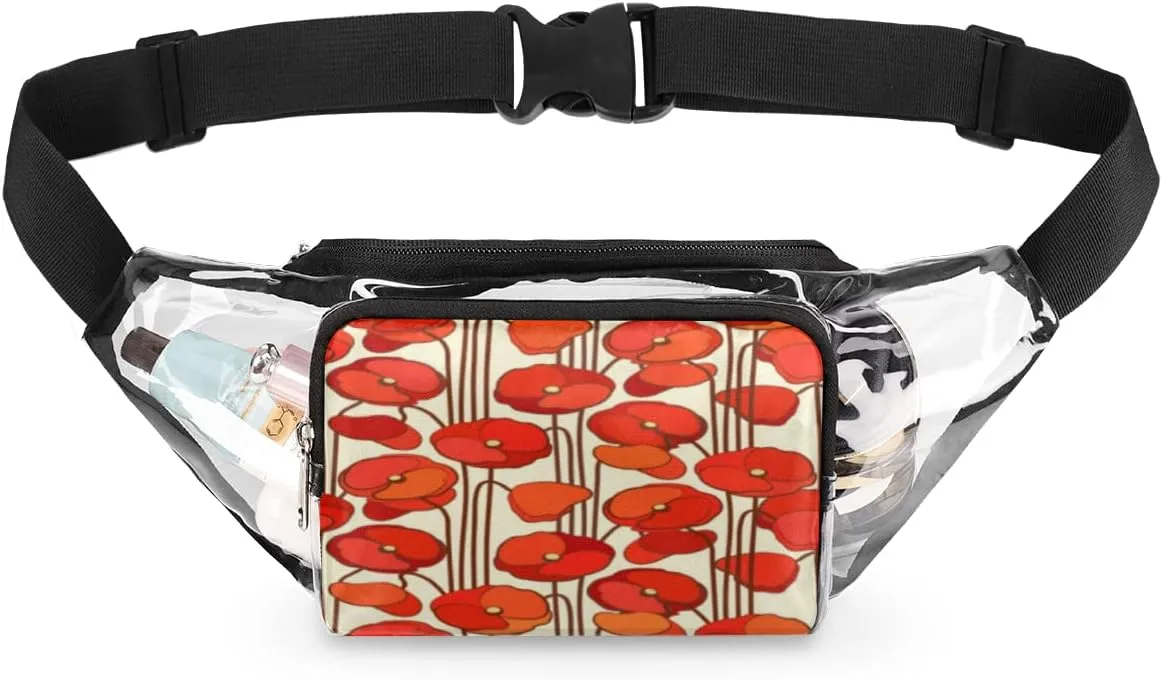 Red Compact Flower Clear Fanny Pack Stadium Approved Adjustable Clear Belt Bag Cute Waist Bags for Women Men Travel Sports Events Hiking Concerts