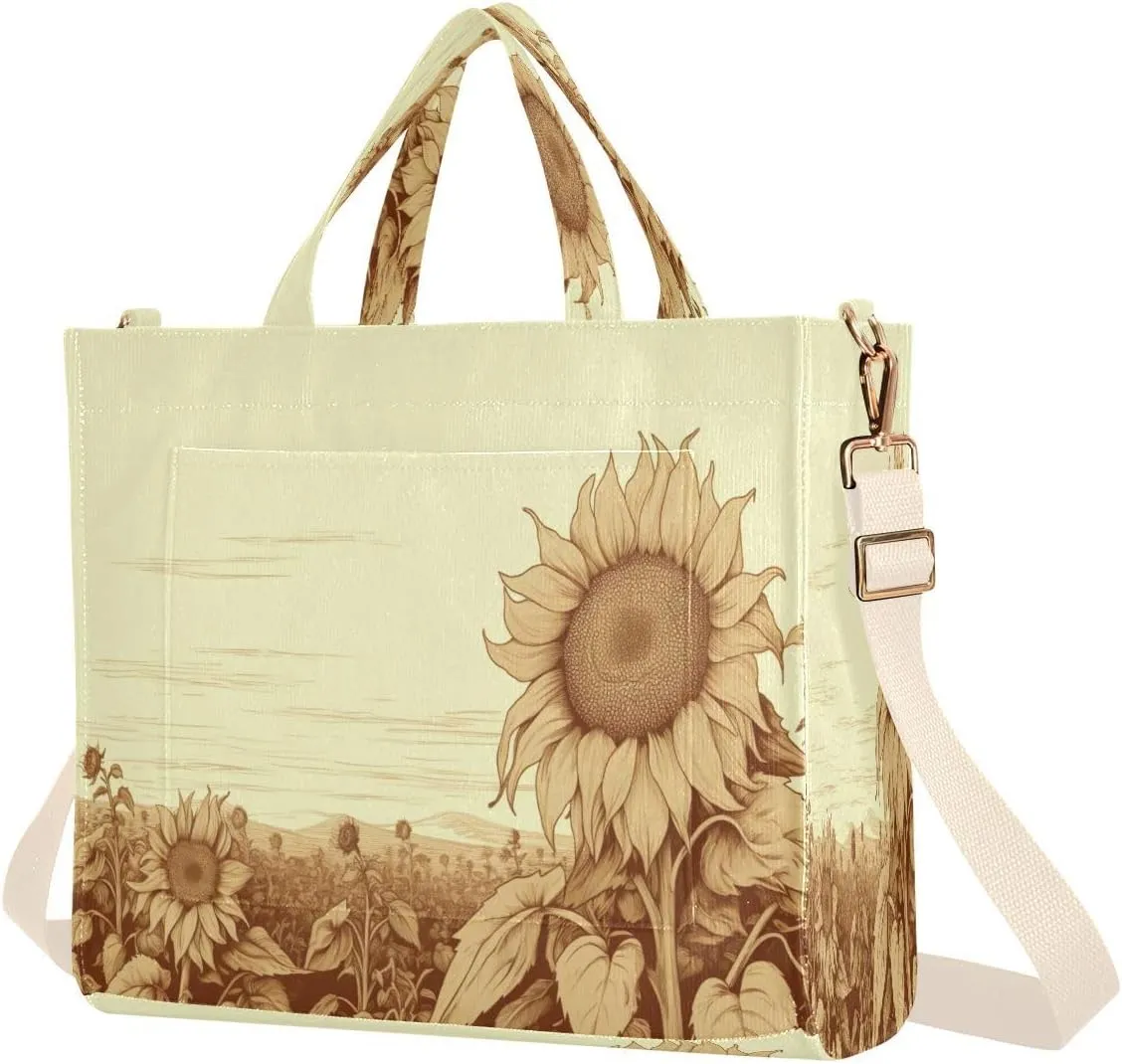 Retro Sunflower Field Corduroy Tote Bag for Women Hobo Crossbody Bag Purse Stylish Shoulder Handbag Messenger Bags, S