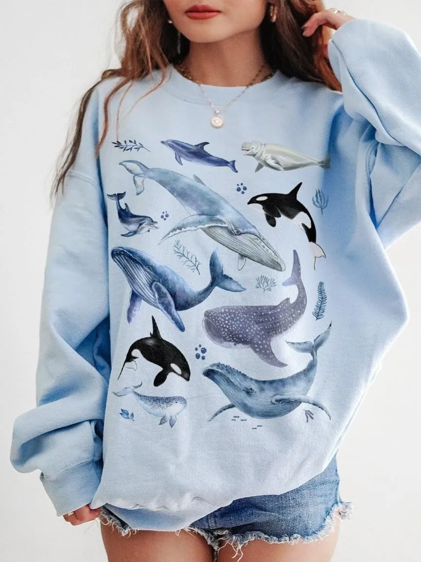 RICHTRUE Womens Oversized Sweatshirts No Hood Graphic Sweater Y2k Pullover Preppy Printed Long Sleeve Shirt Whale Shark Shirt