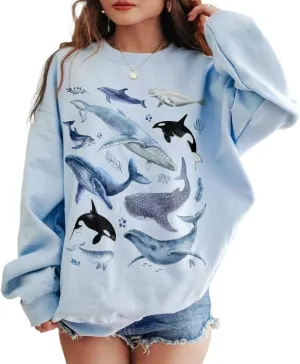 RICHTRUE Womens Oversized Sweatshirts No Hood Graphic Sweater Y2k Pullover Preppy Printed Long Sleeve Shirt Whale Shark Shirt