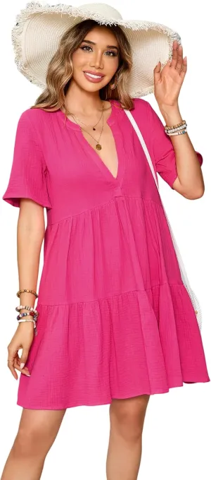 R.Vivimos Womens Summer Cotton Flowy Mini Dress V Neck Short Sleeve Boho Ruffle Tiered Casual Loose Tunic Dress