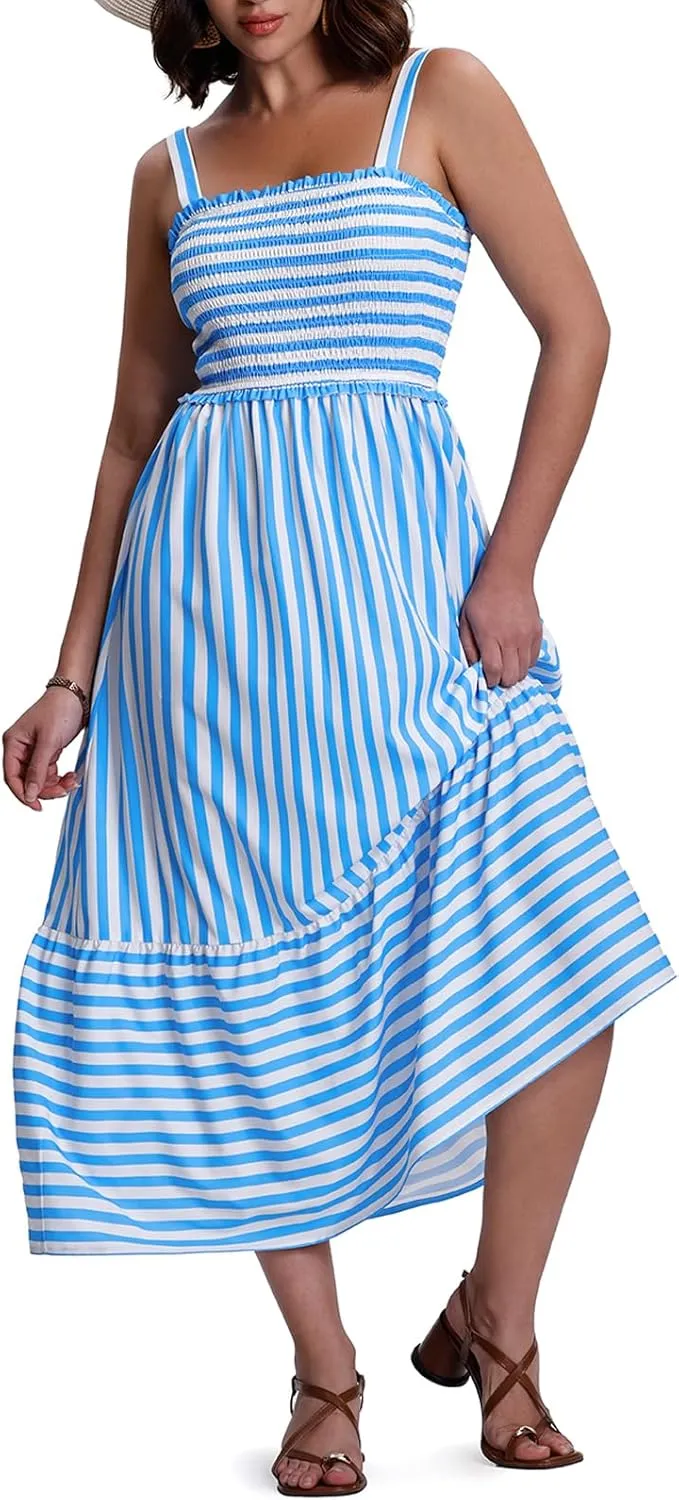 SeSe Code Womens Summer Maxi Dress Smocked Sleeveless Beach Vacation Casual Long Sundress