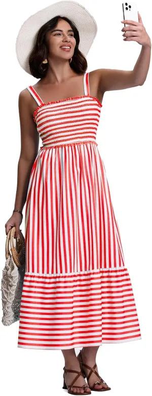 SeSe Code Womens Summer Maxi Dress Smocked Sleeveless Beach Vacation Casual Long Sundress