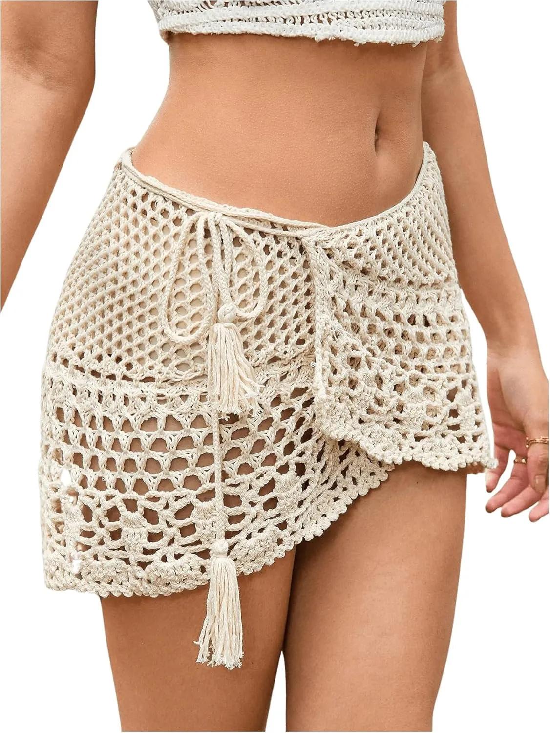 SHENHE Women's Hollow Out Sheer Crochet Wrap Skirt Scalloped Sexy Boho Mini Skirt